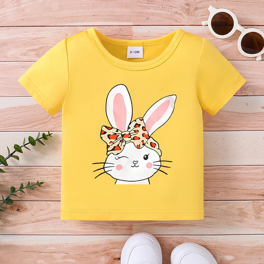 Summer Girls T-Shirt Round Neck Short Sleeved Cartoon Rabbit Letter