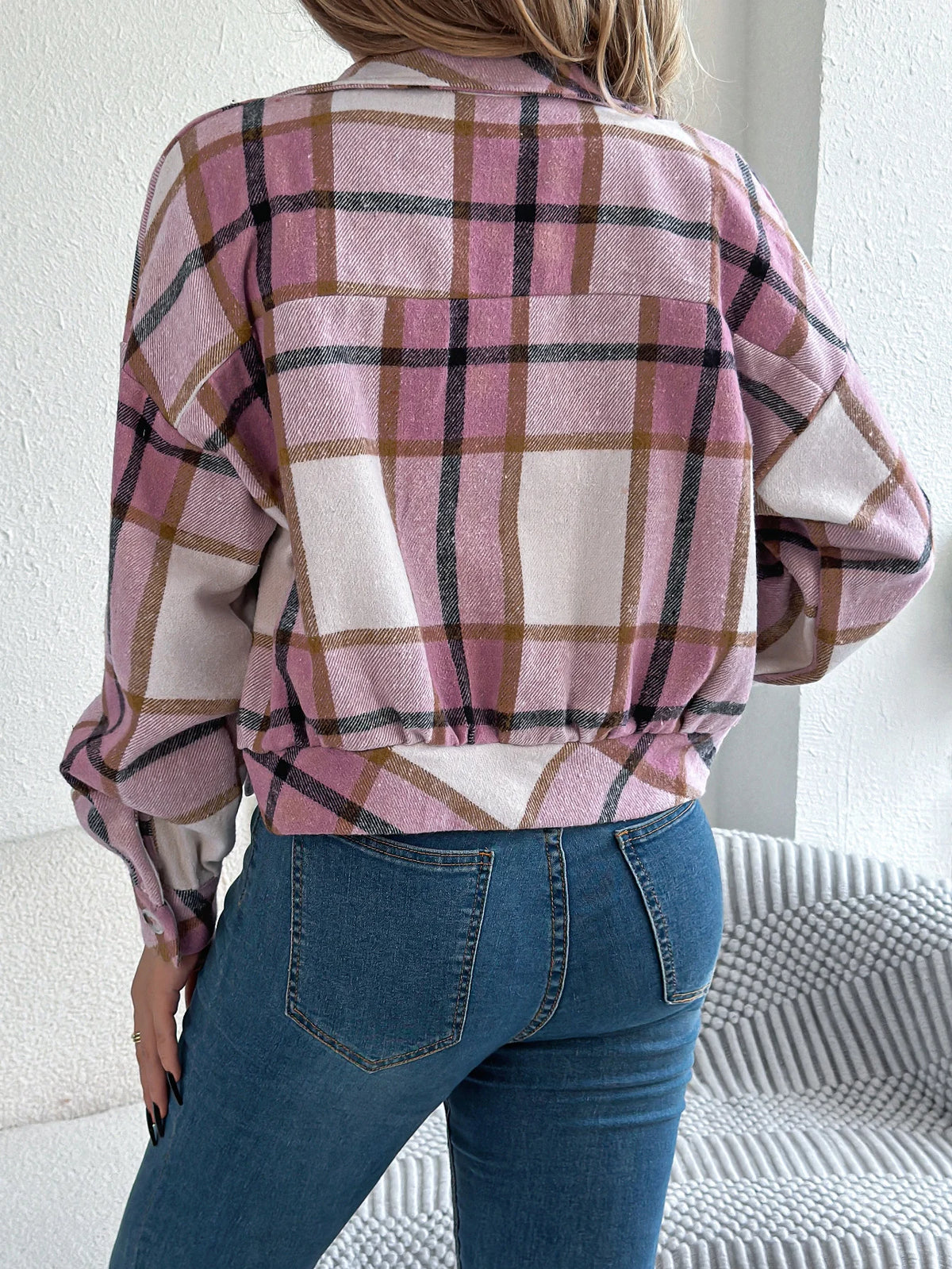 Autumn Winter Casual Plaid Cropped Jacket Lapel Lantern Long Sleeve Single Breasted Woolen Jacket 2026 Fashion Women Clothes