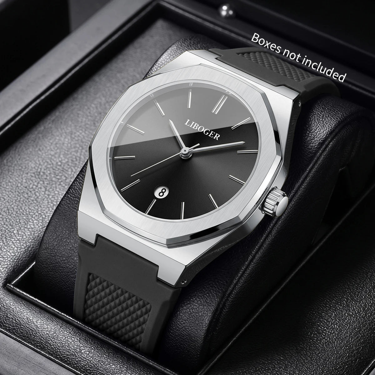 Luxury Silver Men Business Watches Octagonal Case Casual Silicone Strap Date Quartz Wristwatch Relogio Masculino（Without Box）