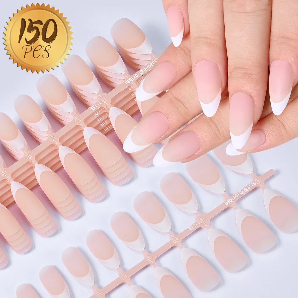 150/120/100pcs French Nude Pink False Nail Women Press on Nails White Edge Almond Full Cover Fake Nail For Manicure Extension