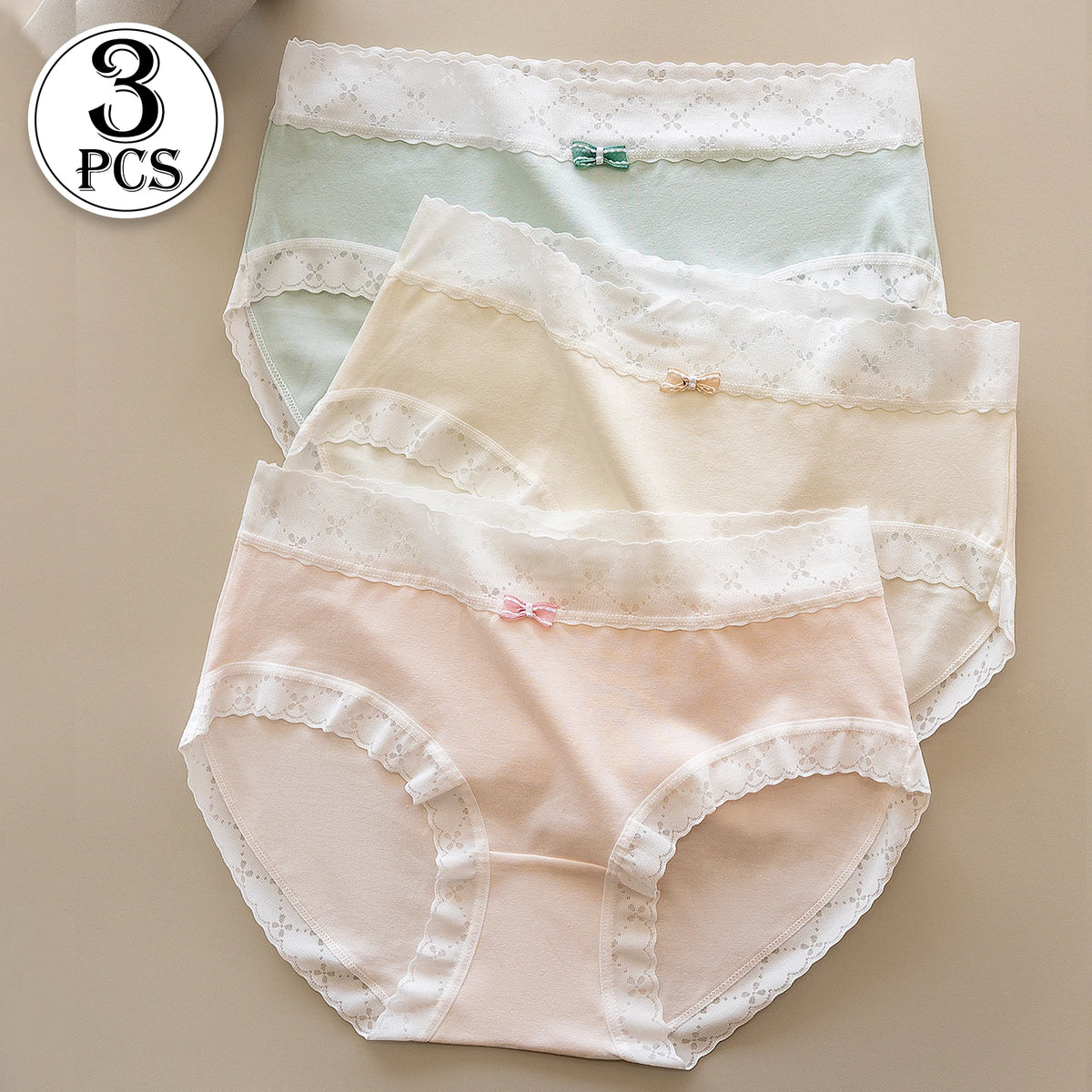 3PCS Japanese and Korean Style Women Girls Underwear Elegant Lace Trimmed Panties Simple Solid Color Breathable Briefs Everyday
