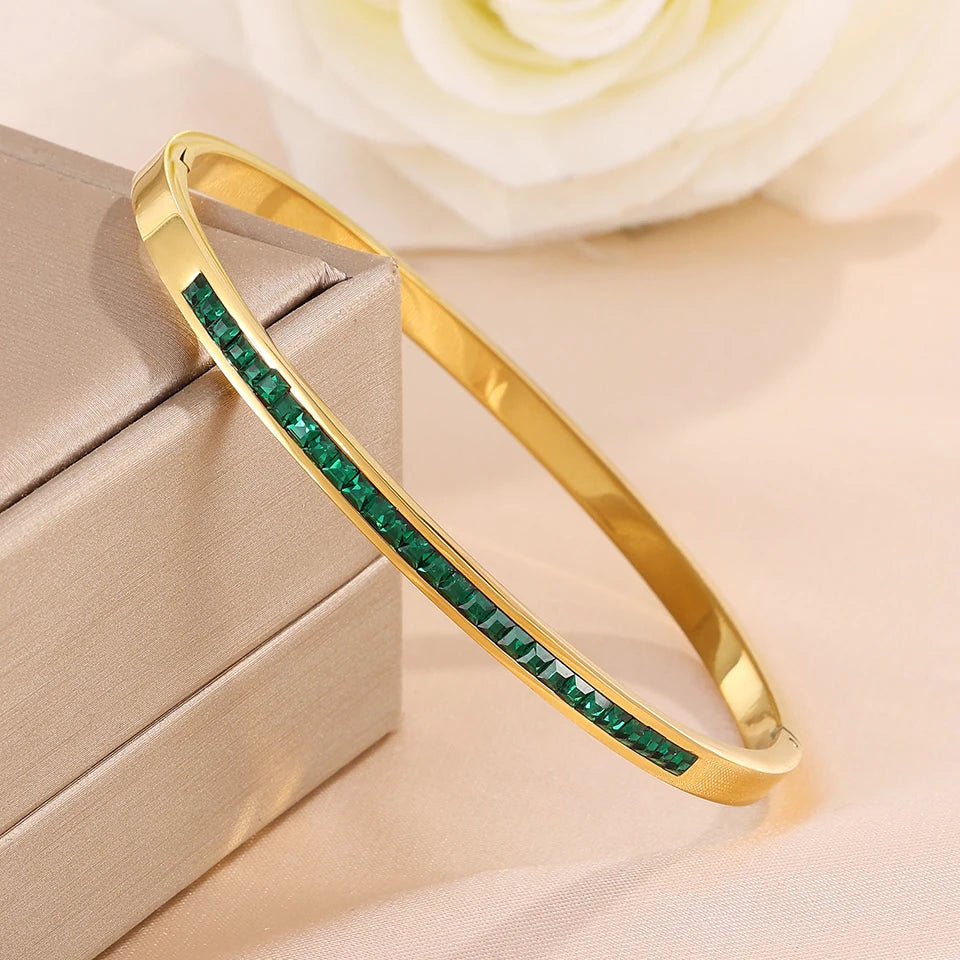 ZAKOL 4/1pcs Geometric Green Square Zircon Inlaid Stainless Steel Copper Stacking Bracelet Luxury Wedding Party Jewelry Gift