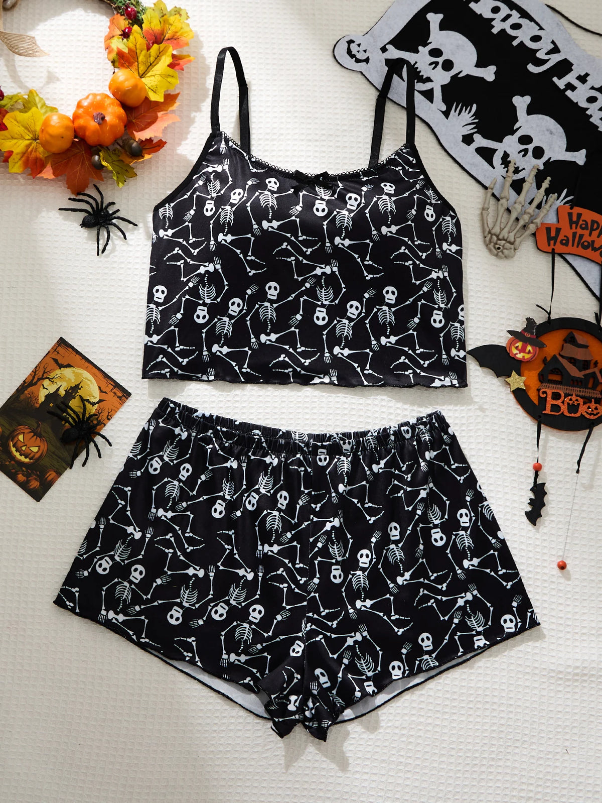 Women's Halloween Pajamas Set Black White Skeleton Print Camisole Top and Shorts Sleepwear Spooky Season Loungewear