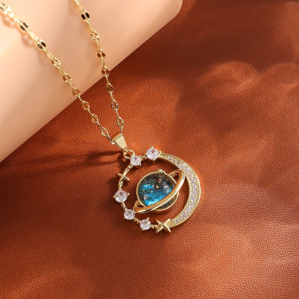 ZAKOL Delicate Micro-Inlaid Zircon Blue Planet Pendant Necklace for Women Titanium Steel Chain Collares Para Mujer