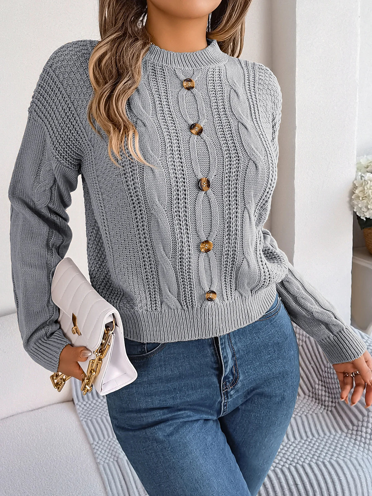 Women's Solid Color Round Neck Buttons Knitted Sweater 2026 Autumn Winter Casual Long Sleeve Pullover White Grey Green Woman Top