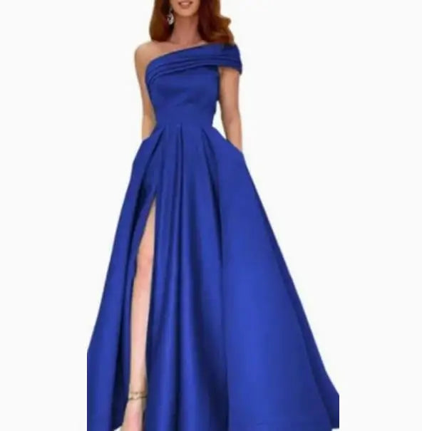 BKLD Solid Color Fashion One Shoulder Satin Dress Birthday Party Fluffy Dress 2026 Autumn Women Clothing Green Split Sexy Dress