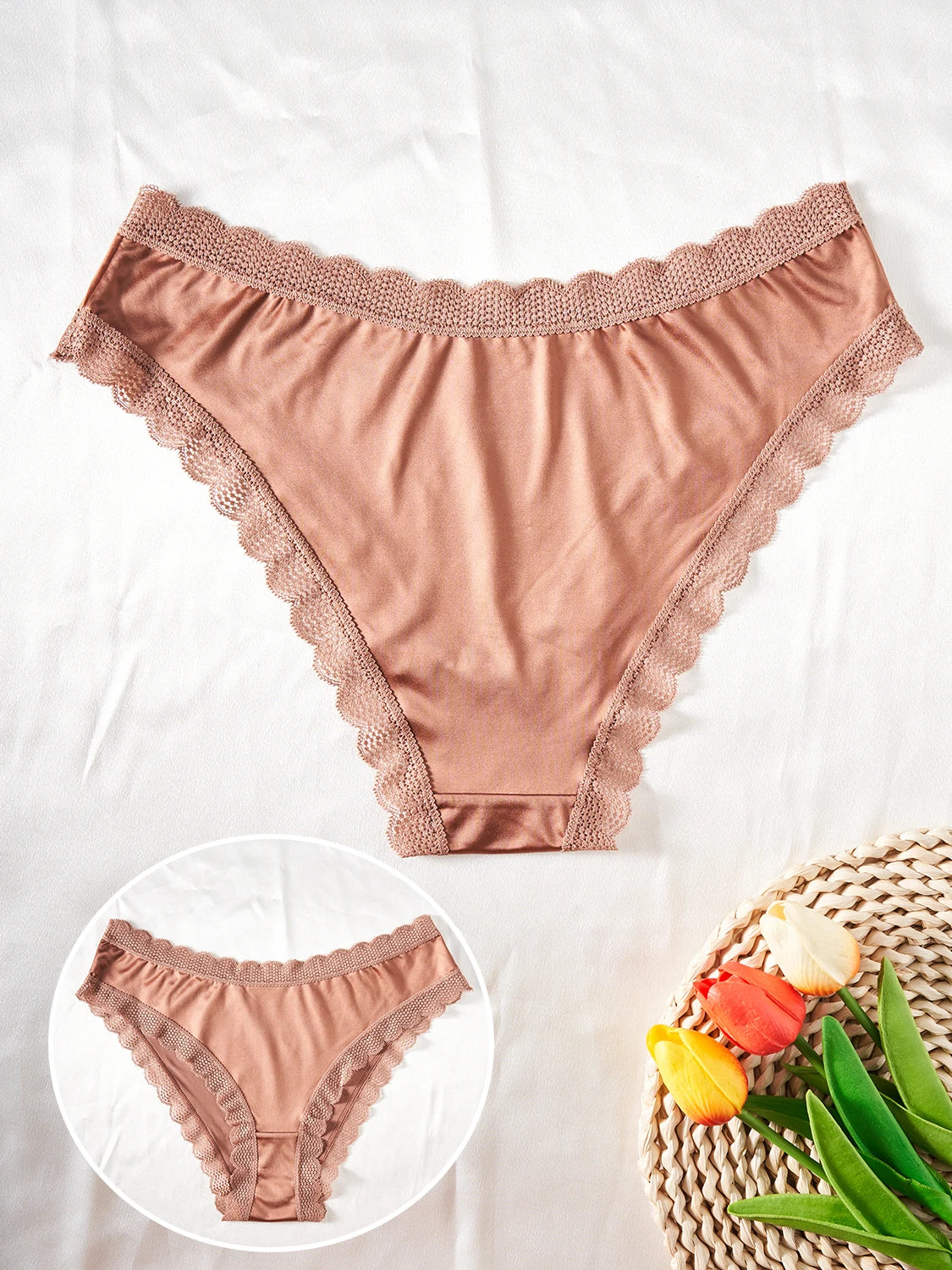 5PCS Women's Underwear Solid Color Seamless Satin Panties Simple Lace Trimmed Briefs Comfortable Female Lingerie Everyday