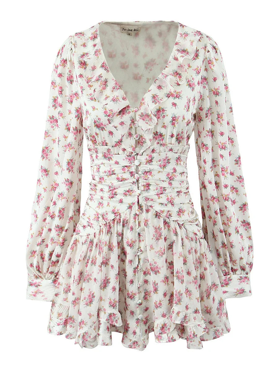 Boho Chic Floral Print Ruffle Mini Dress Women's Long Puff Sleeve V Neck Slim Fit A-line Party Dresses New Female Club Vestidos
