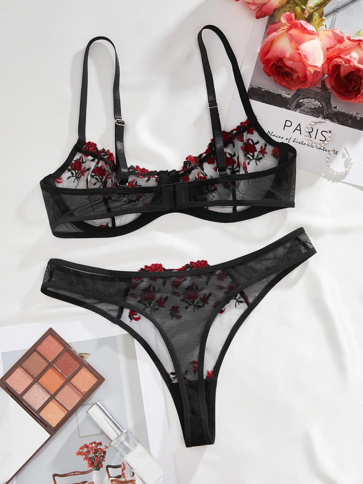 Black And Red Floral Embroidery Bra Set Women's Half Cup Underwear Thin Breathable Thong 2-Piece Set Valentine's Day Gift