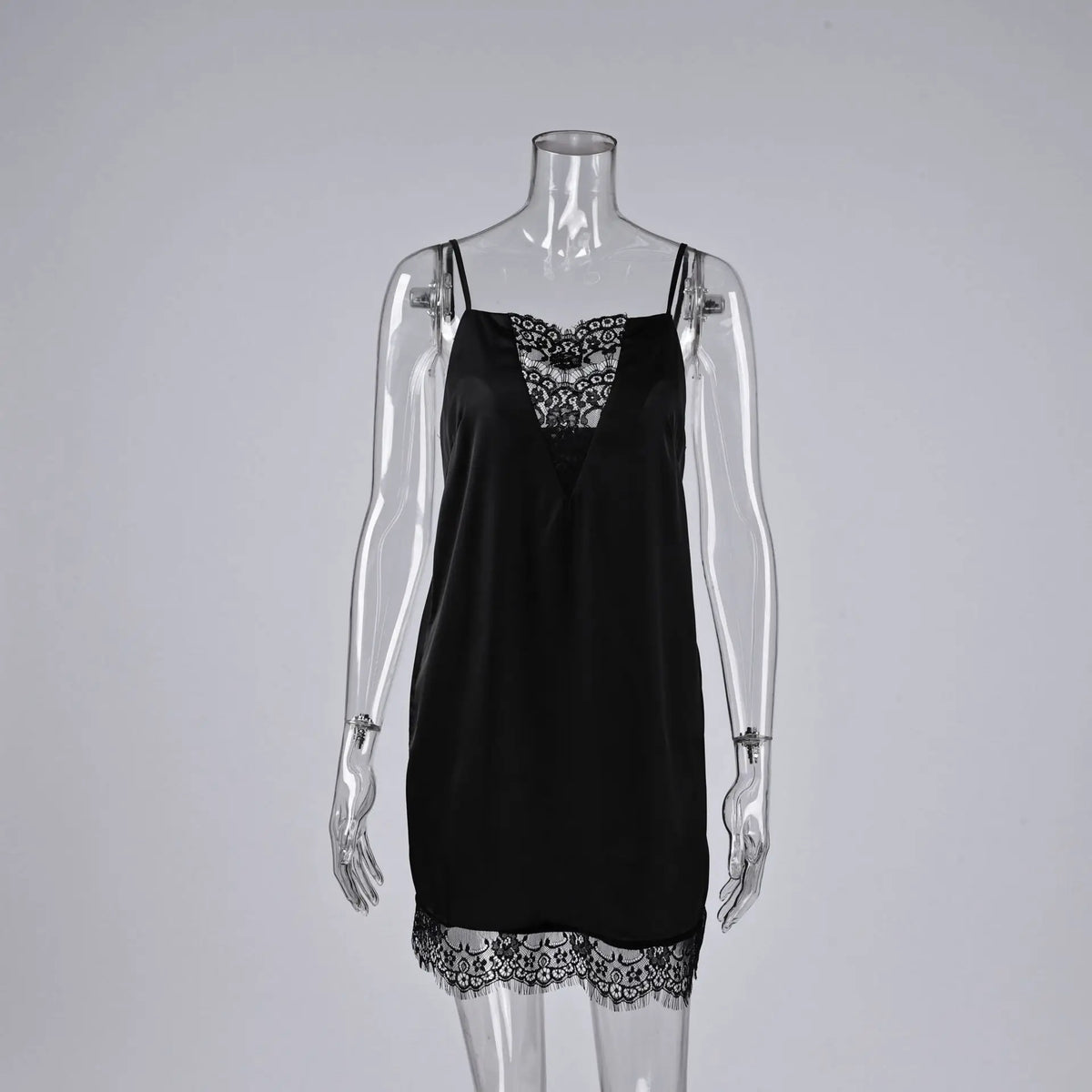 Women's Sexy Black Satin Slip Dress Patchwork Lace Hollow Out Sleeveless Dresses Party Club Ruffle Loose Backless Mini Dress