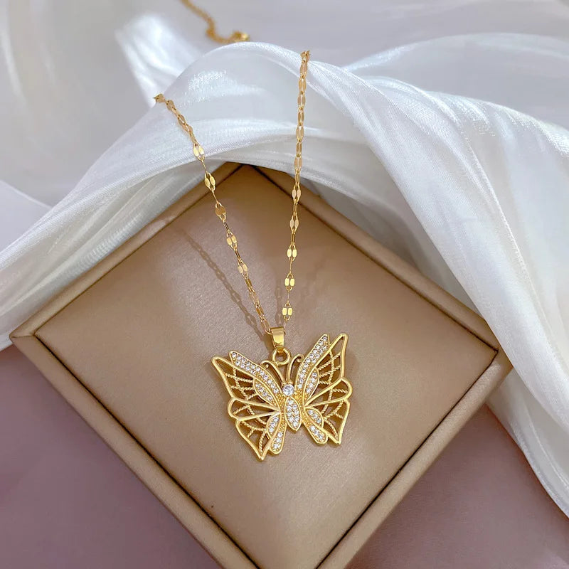 Fantastic Crystal Gold-Color Butterfly Necklace For Women Rhinestone Symmetrical Pendant Accessories Party Jewelry Gifts