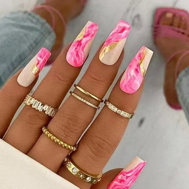 24pcs Acrylic Ballet False Nails Art Black Green Gradient Tips Coffin Press on Nails Set Flower Lines Pattern Stick on Fake Nail