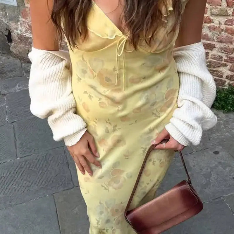 Elegant Summer Print Floral Dress Women V-neck Slim Ruffles Sleeveless Backless Long Dresses 2026 Beach Vacation Lady Vestidos