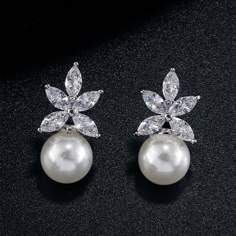 ZAKOL Temperament Imitation Pearl Flower Stud Earrings Elegant Leaf Marquise Zirconia Wedding Party Jewelry for Women