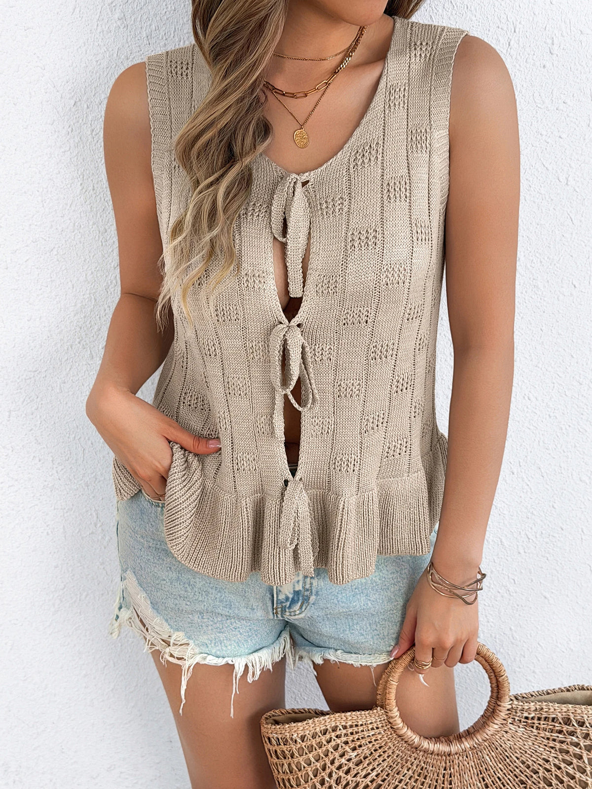 Women's Elegant Round Neck Solid Color Sleeveless Lace Up Ruffle Knitted Cardigan for Spring Summer Casual White Khaki Vest Tops