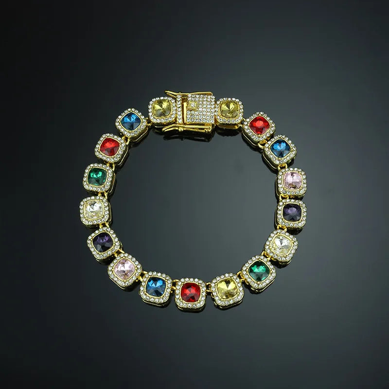 ZAKOL Hip Hop Luxury Square Colorful Rhinestones CZ Tennis Chain Necklace Bracelet Punk Fashion Jewlery Couple Gift