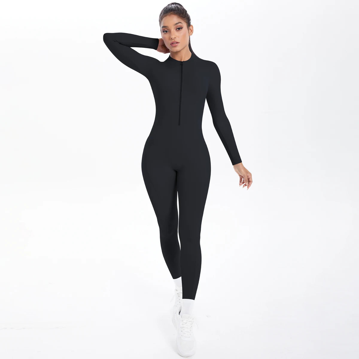 Solid Color Backless Yoga Bodysuits Women's Sportswear Stretch Bodysuit For Women Long Sleeves Jumpsuits Push Up Half Zipper Set