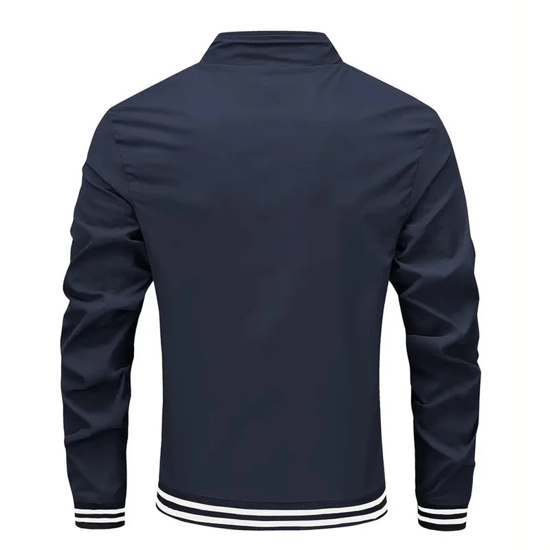 Autumn Winter Men's Long-sleeved Zipper Stand Collar Jacket Non-fleece 100% Polyester Fiber Collar Striped Design Casual Jacket