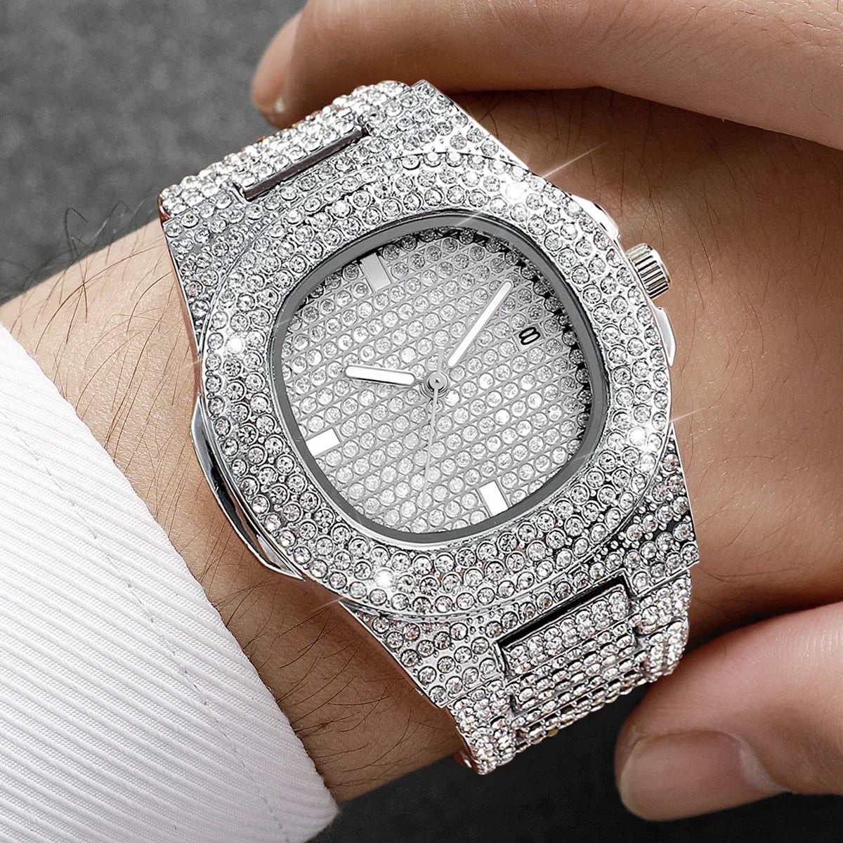3PCS Iced Out Full Diamond Men Watch Cuban Chain Necklace Bracelet Set Hip Hop Quartz Wristwatch Accessories Relogio Masculino