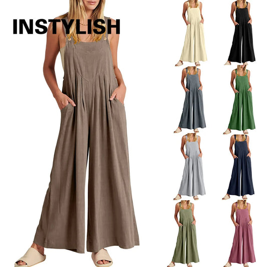 Women Casual Sleeveless Wide Leg Jumpsuit Bib Overalls Cotton Linen Long Pants Romper with Pockets Straps Loose Baggy Outfits