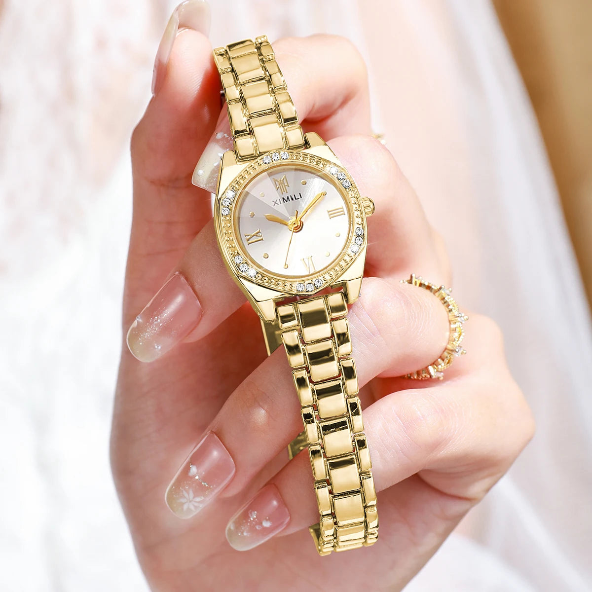 Elegant Rhinestone Roma Dial Women Quartz Watch Stainless Steel Bracelet Wristwatches Clock Gift Relogio Feminino（Without Box）