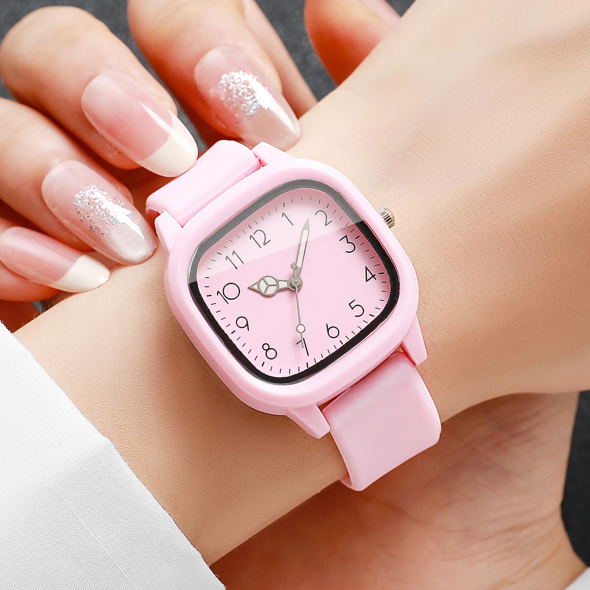 2PCS Fashion Square Arabic Dial Women Quartz Watch Set Silicone Strap Ladies Dress Wristwatches Relogio Feminino (Without Box)