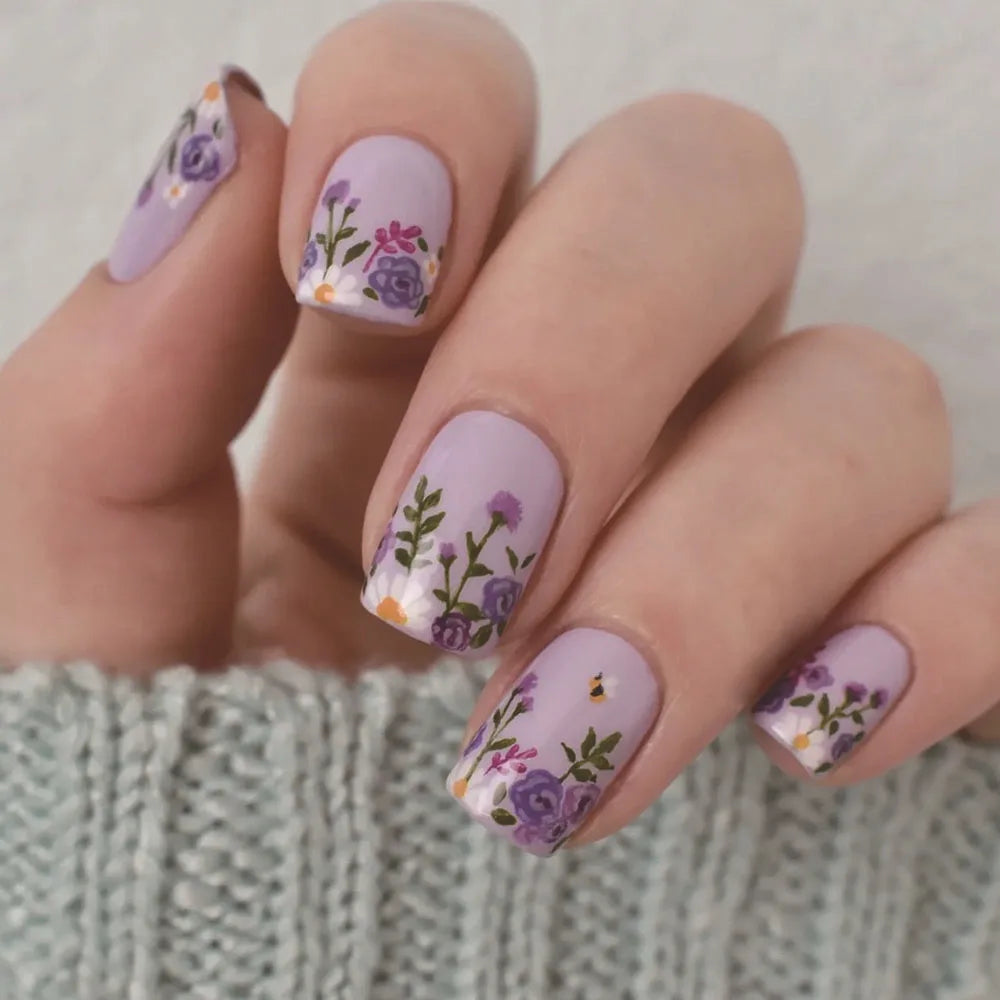 24pcs Short Square Amber Flower Fake Nail with Glue Wearable Autumn Designs Press on Nails Full Cover  Acrylic False Nails Tips