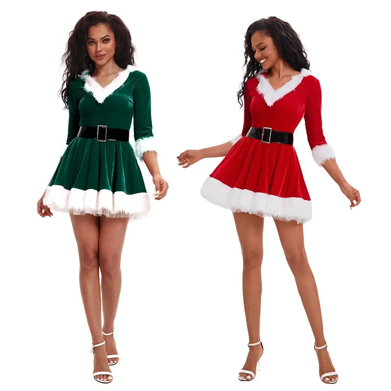 Christmas Party Costume Christmas Cosplay Dress with Black Belt