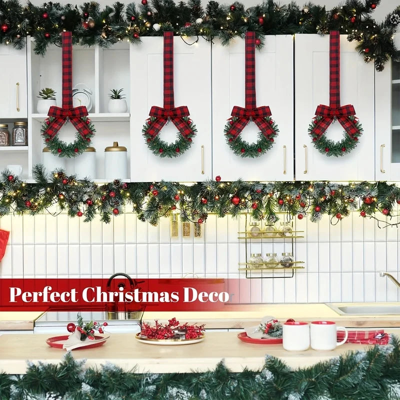 6pcs Christmas Kitchen Cabinet Wreaths with Ribbon, Mini Christmas Wreath Small Kitchen Xmas Decor for Window Door 