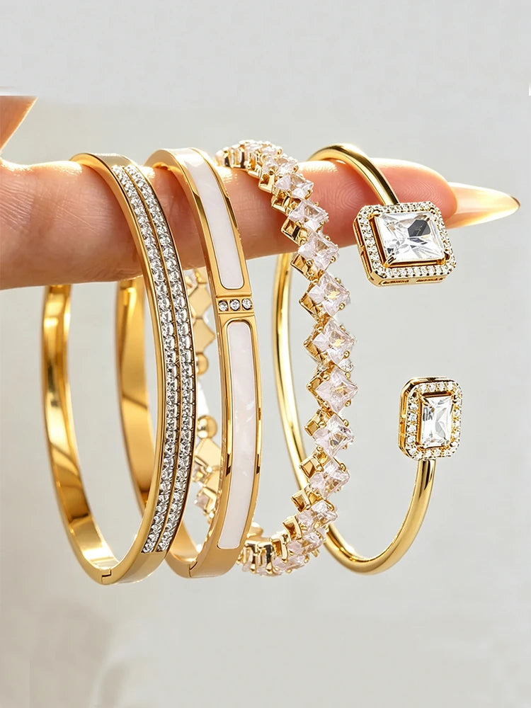 ZAKOL 4pcs Golden Bracelets Set Geometric Square Crystal Zirconia Inlaid Copper Stainless Steel Stackable Bangles Luxury Jewelry