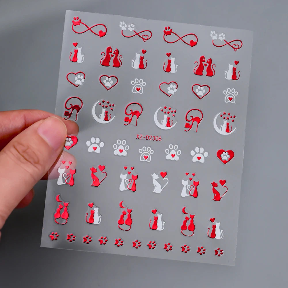 1Pc 3D Red Love Heart Nail Art Stickers Rose Flower Lip Self Adhesive Decals Valentine' Day Nail Sliders For Manicure Decoration