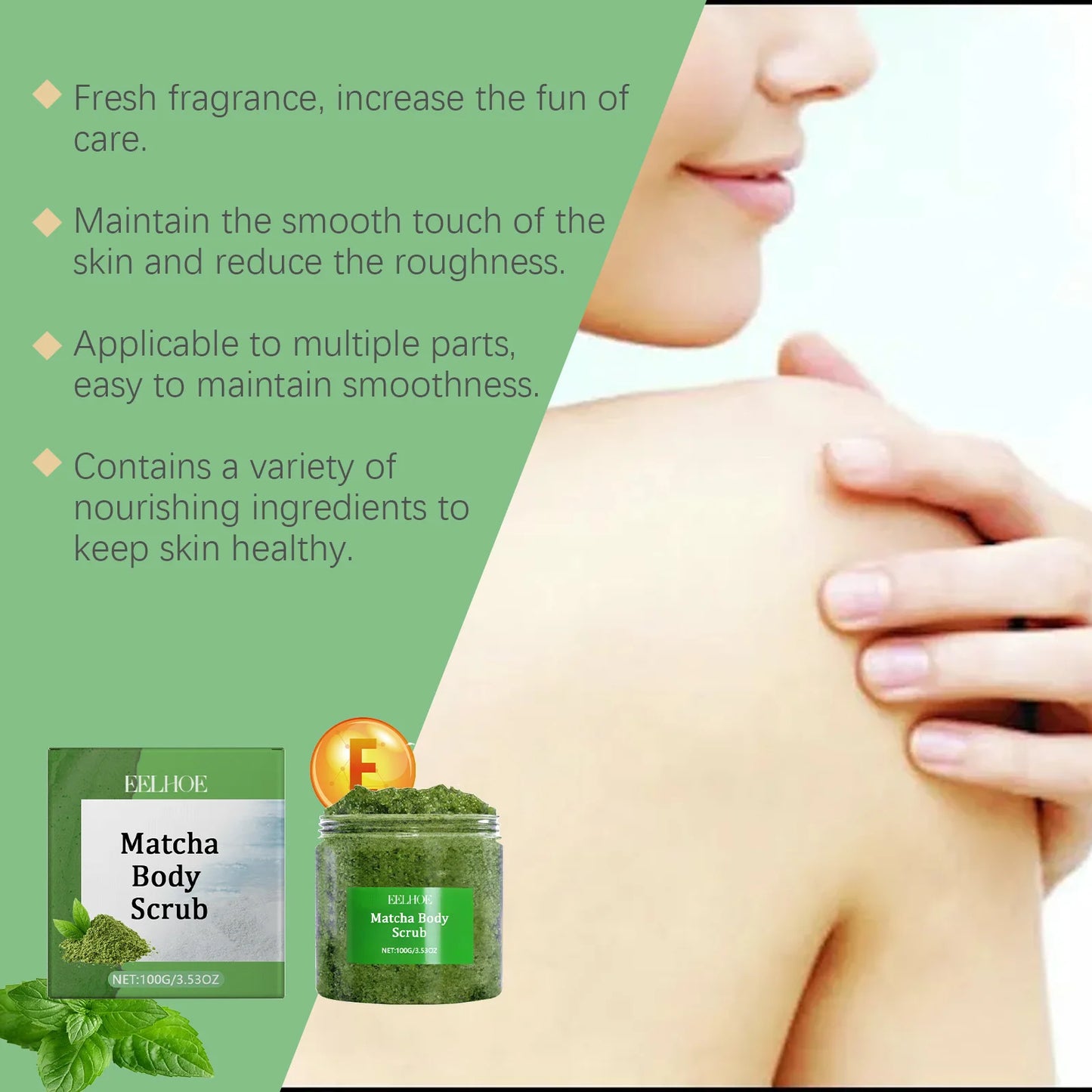 EELHOE Green Tea Body Scrub Dead Skin Remover Body Cleaning Deep Hydration Smooth Skin Care Sea Salt Exfoliating Body Scrub 100g