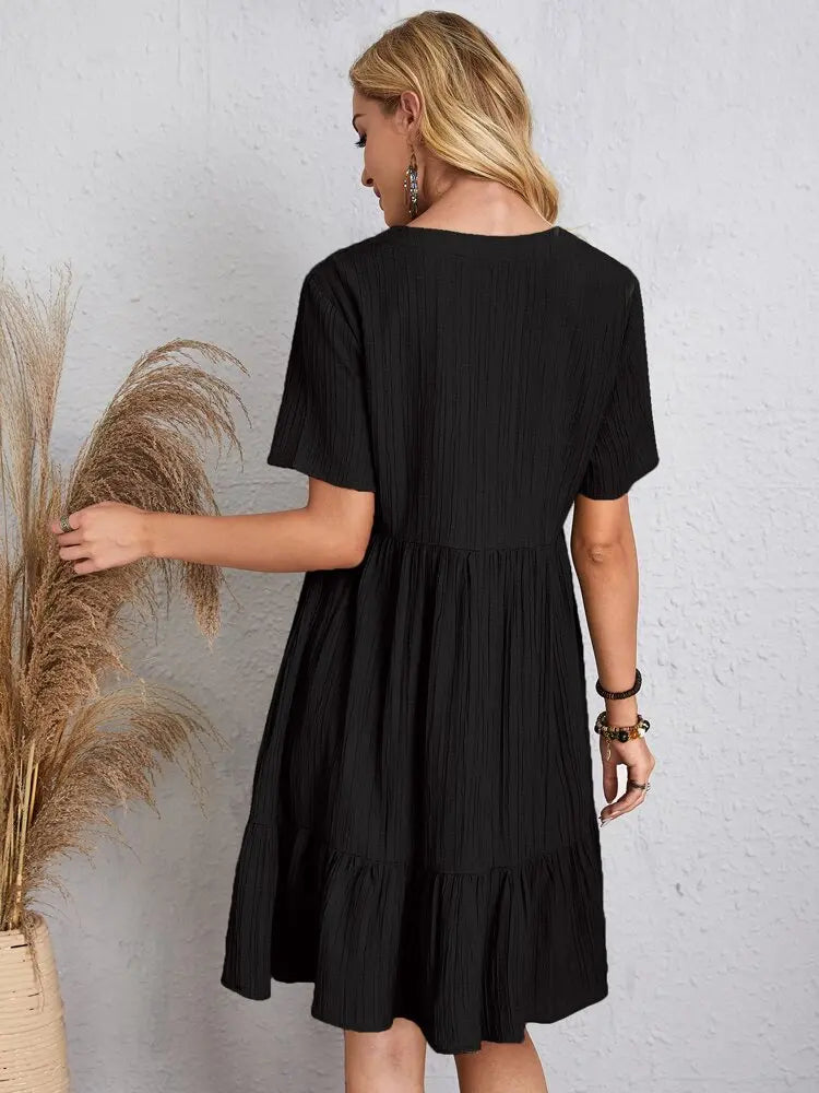 Women Elegant V Neck Ruffles Mini Dress Summer Vintage Solid Loose Sundress Bohemian Casual Solid Beach Party Vestidos