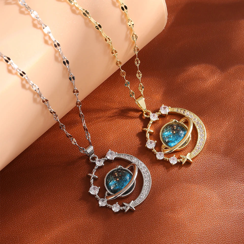 ZAKOL Delicate Micro-Inlaid Zircon Blue Planet Pendant Necklace for Women Titanium Steel Chain Collares Para Mujer