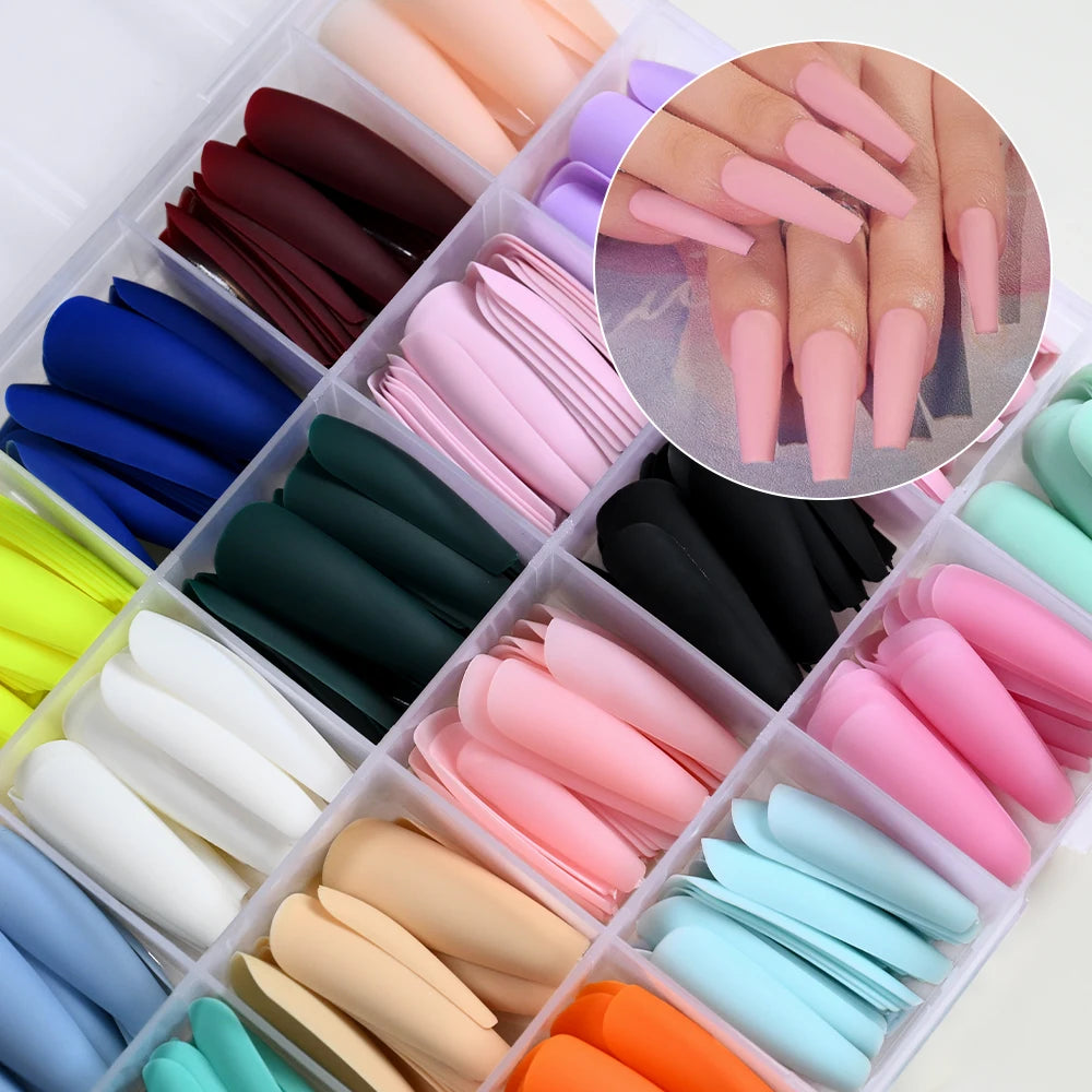 576pcs/box Frosted Colorful Long Coffin Fake Nails Acrylic Square Full Cover False Nails for Women DIY Press On Nails Extension