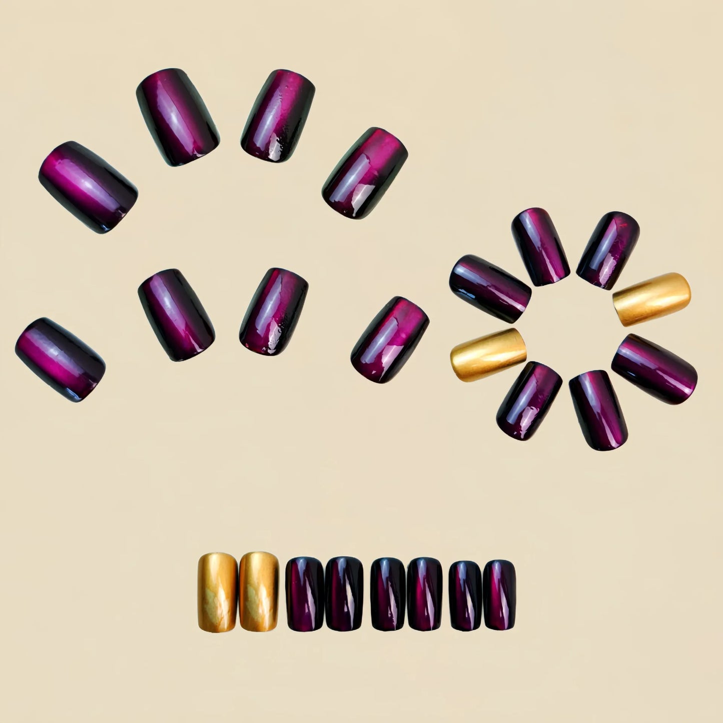 Short Medium fake nails for women girls green purple golden colors flowers leaf design glossy square ballet shape press on nails