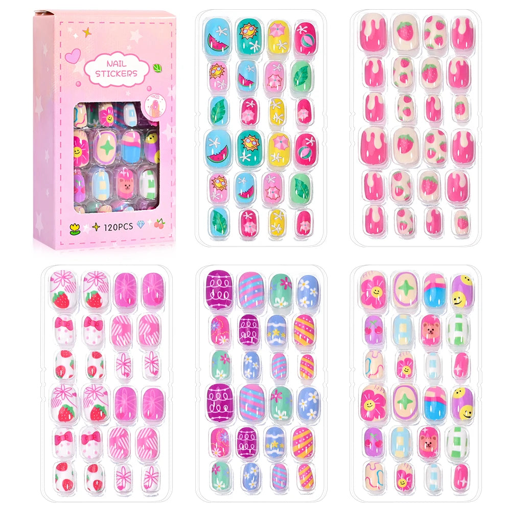 120Pcs Cartoon False Nails for Girls Kawaii Acrylic Short Square Full Cover Fake Nails Tips Kids Press on Nails with Jelly Glue