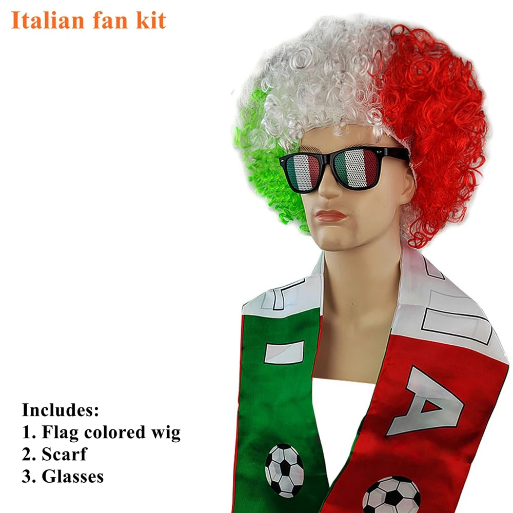 National Flag Color Explosion Wig Set - طقم باروكة مشجعين بألوان الأعلام مع وشاح ونظارات