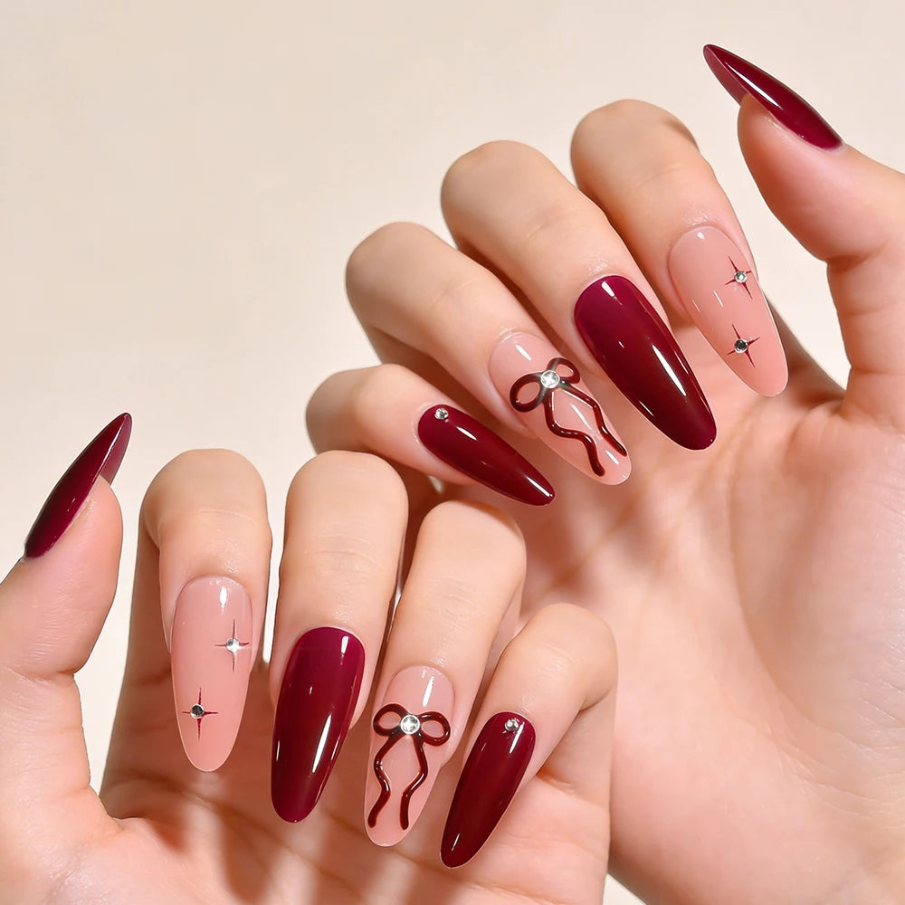 24Pcs Red Bowknot Design False Nails Medium Almond Fake Nail Tips Extension with Shiny Diamond for Women Wearable Press on Nails