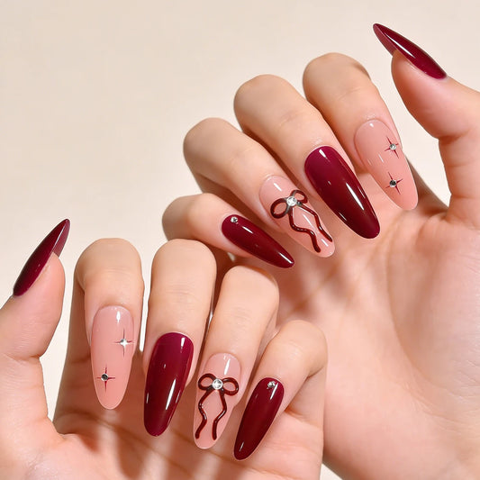 24Pcs Red Bowknot Design False Nails Medium Almond Fake Nail Tips Extension with Shiny Diamond for Women Wearable Press on Nails