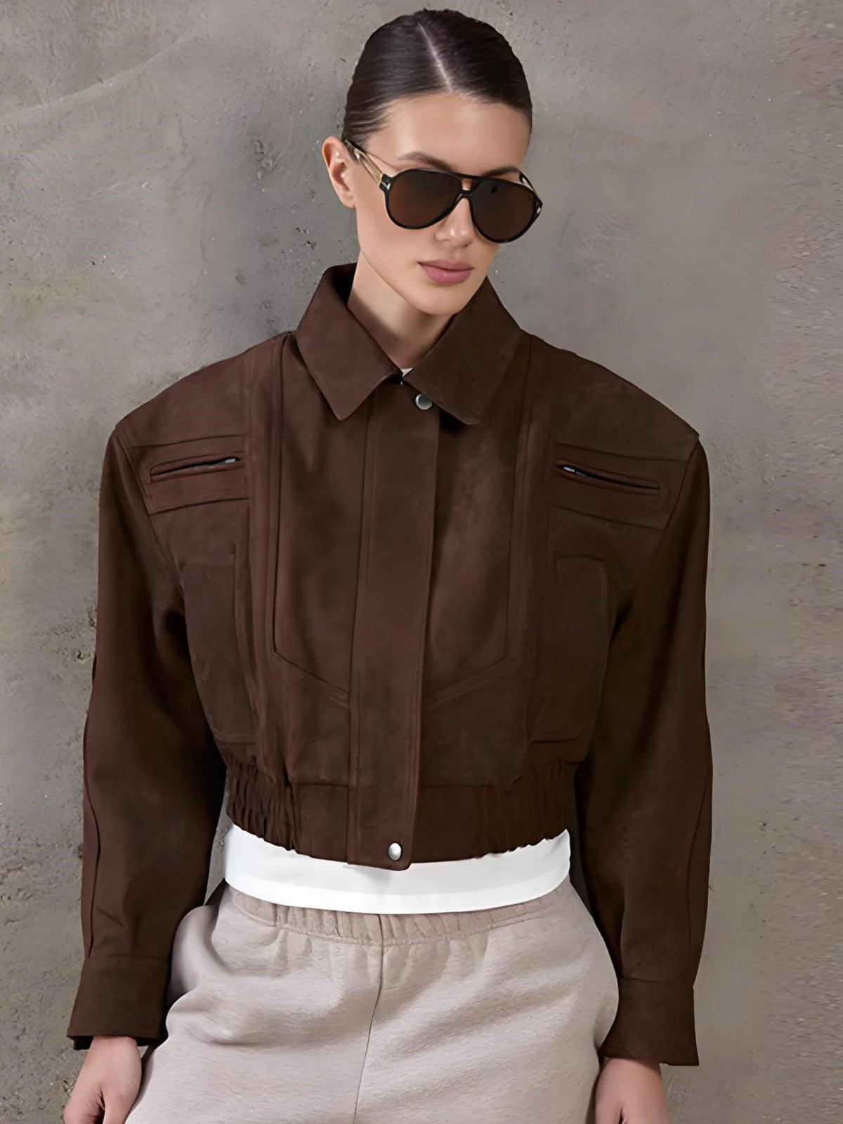 Vintage Women Leather Jacket 2026 New Autumn Winter Solid Zipper Lapel Collar Short Coat Long Sleeve Pockets Fashion Outerwear