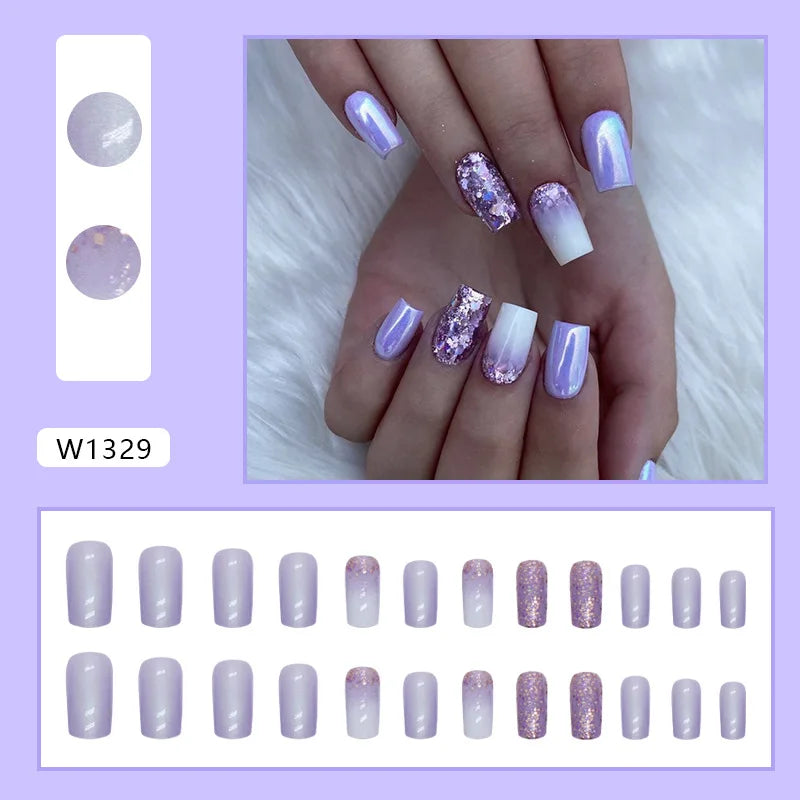 Leopard Print 24 Pcs Press on Nails Pink Gradient Fake Nails Glossy Artificial Finger Manicure Reusable False Nails for Women