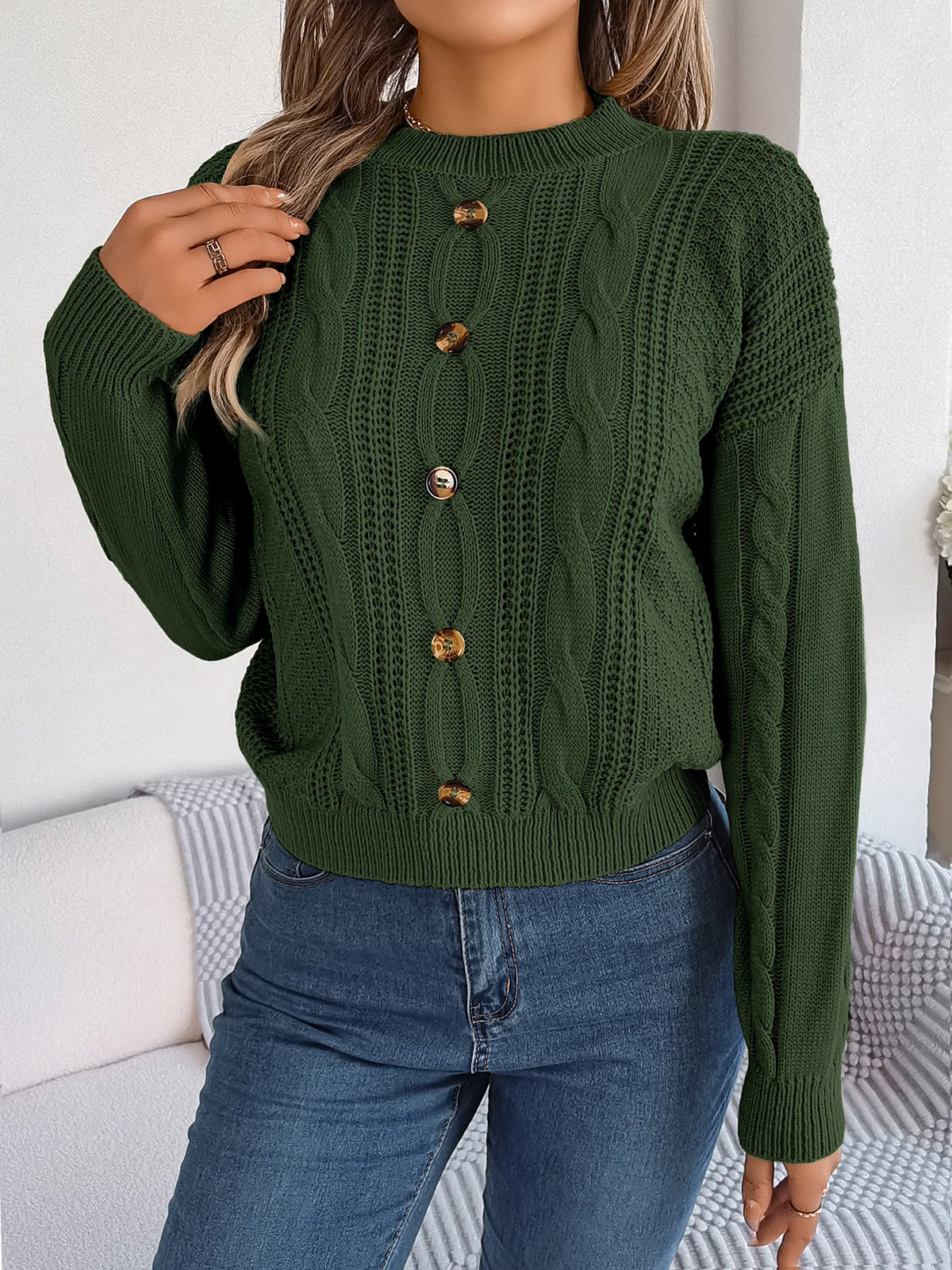 Women's Solid Color Round Neck Buttons Knitted Sweater 2026 Autumn Winter Casual Long Sleeve Pullover White Grey Green Woman Top