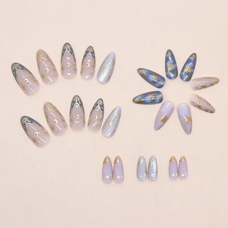 24Pcs Short Almond Nails Set Full Cover Star Moon Wave French Glitter Press on False Nails with Jelly Glue Detachable Nail Art