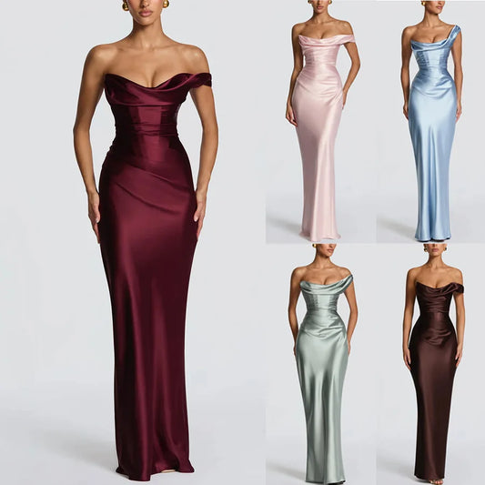 BKLD 2026 Spring Summer New Slanted Shoulder Satin Wrap Dress For Women Solid Color Fashion Party Vacation Outfits Long Dresses