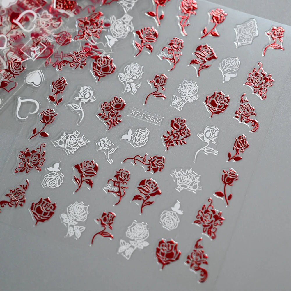 1Pc 3D Red Love Heart Nail Art Stickers Rose Flower Lip Self Adhesive Decals Valentine' Day Nail Sliders For Manicure Decoration