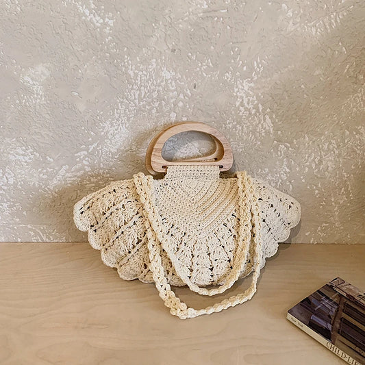2026 New Retro Fan-shaped Crochet Woven Underarm Bag for Women Ins Style Seaside Vacation Versatile Wooden Handle Shoulder Bag