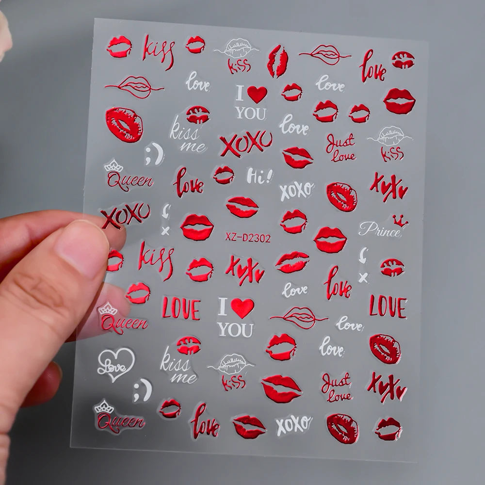 1Pc 3D Red Love Heart Nail Art Stickers Rose Flower Lip Self Adhesive Decals Valentine' Day Nail Sliders For Manicure Decoration
