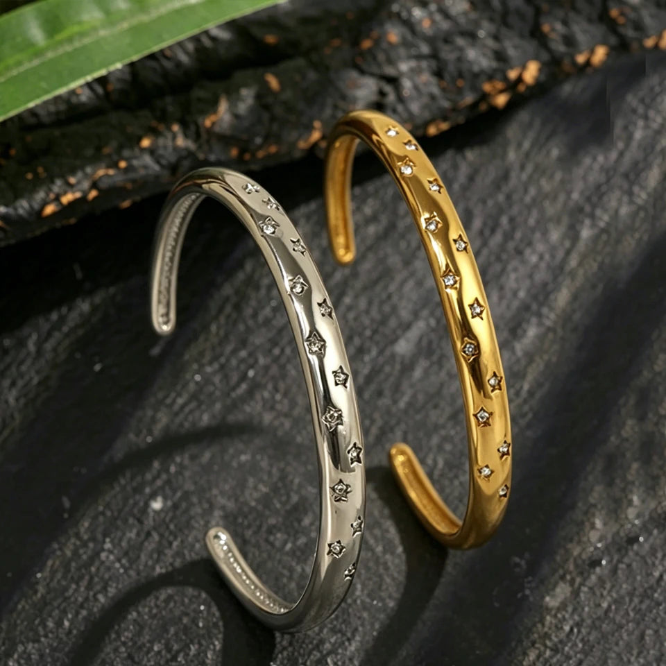 ZAKOL Trendy Stainless Steel Five-pointed Star Zircon Inlaid Open Bracelet Versatile Non Fading Cuff Bangles Jewelry Gift