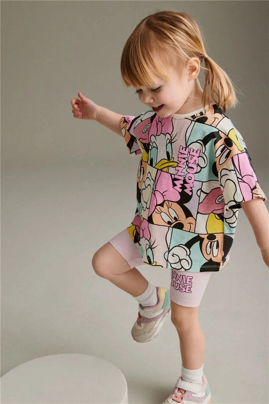 Disney Cartoon Printed Girls Clothes Short Sleeve Tracksuit Summer Clothing